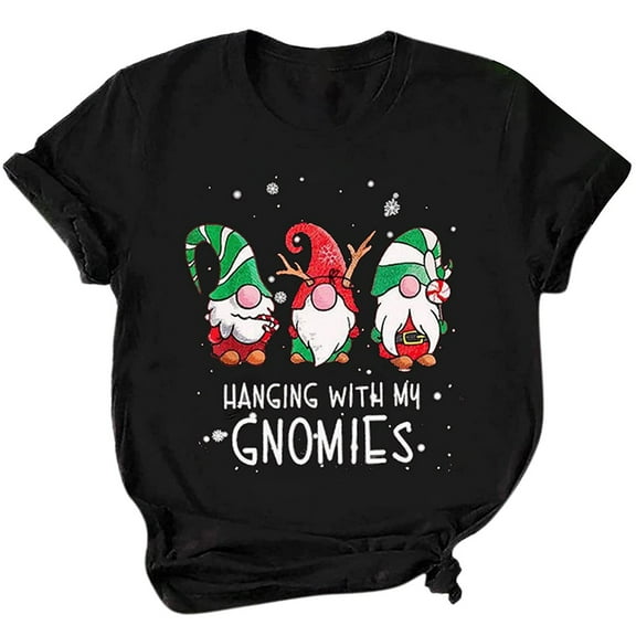 Short Sleeve Shirt for Women Gnomes Santa Graphic Print Hanging With My Gnomies T-Shirt Cute Xmas Holiday Tee Tops
