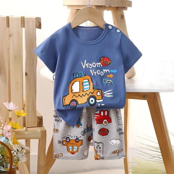 Short Sleeve Shirts Baggy Pants Sets for Boys Kids Solid Soft Loose Loungewear Tops Pants Cotton Baggy Trousers Shirts Navy 6-9 Months