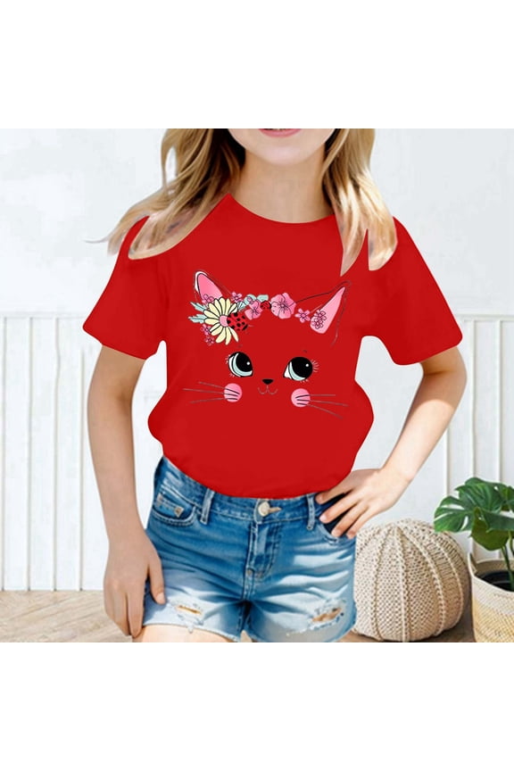 Big Girls Shirt Size 2-4 Years Kid Girls Cute Cat Fashion Printed Round Neck Short Sleeve Tee Summer Casual Loose Soft T Shirt Tops