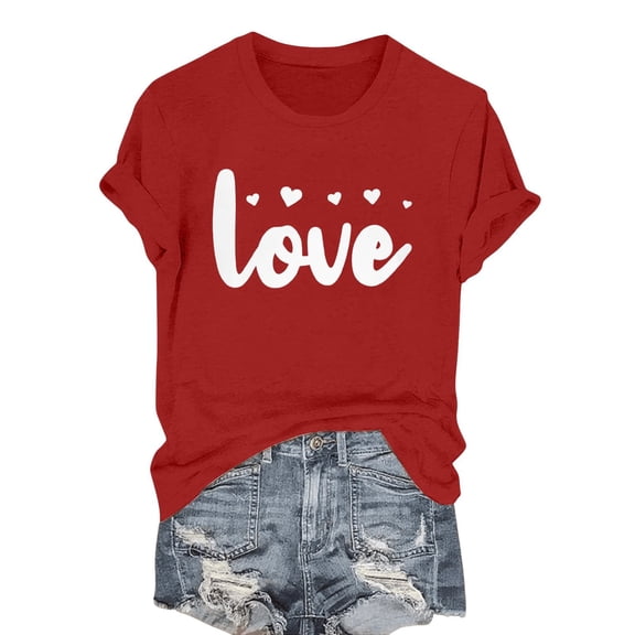 Short Sleeve Shirts For Women Fashionable Casual Valentine's Day Printed LOVE Round Neck Short Sleeved T Shirt Womens Tops
