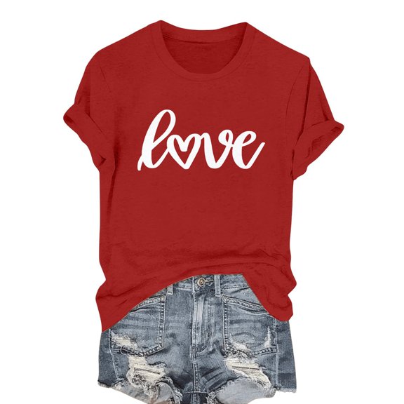 Short Sleeve Shirts For Women Fashionable Casual Valentine's Day Printed LOVE Round Neck Short Sleeved T Shirt Womens Tops
