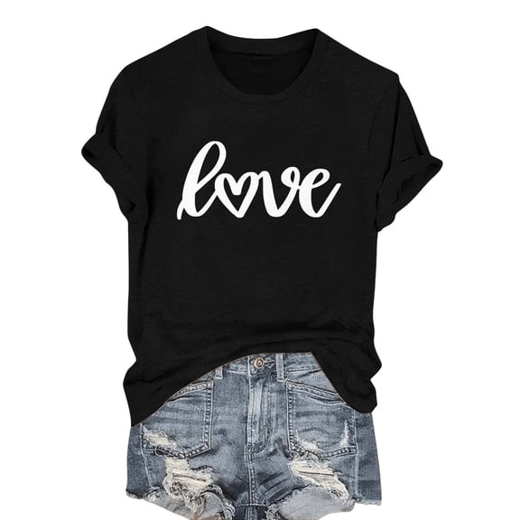 Short Sleeve Shirts For Women Fashionable Casual Valentine's Day Printed LOVE Round Neck Short Sleeved T Shirt Womens Tops