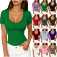thumbnail image 1 of Short Sleeve Shirts For Women Ribbed Fitted Shirt Basic V Neck Slim T Shirt Tops Women Tops, 1 of 6