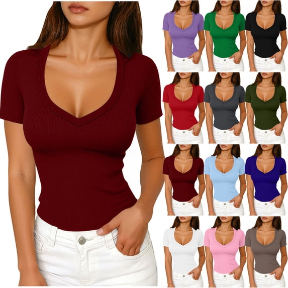 Short Sleeve Shirts For Women Ribbed Fitted Shirt Basic V Neck Slim T Shirt Tops Women Tops
