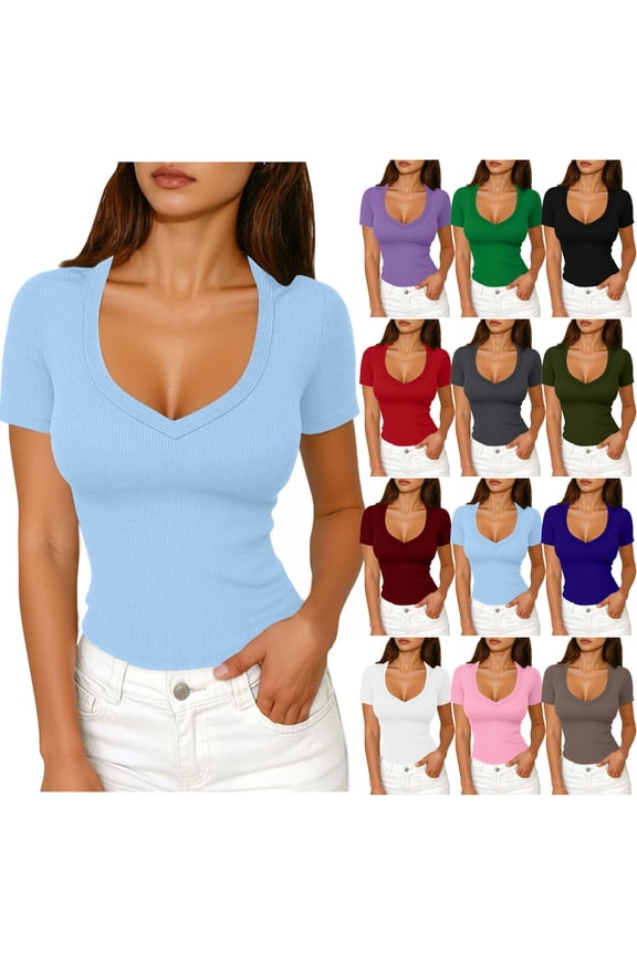 Short Sleeve Shirts For Women Ribbed Fitted Shirt Basic V Neck Slim T Shirt Tops Women Tops