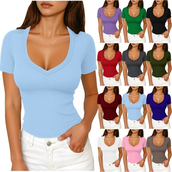 Short Sleeve Shirts For Women Ribbed Fitted Shirt Basic V Neck Slim T Shirt Tops Women Tops
