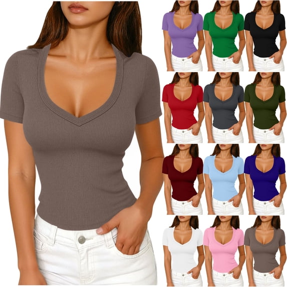 Short Sleeve Shirts For Women Ribbed Fitted Shirt Basic V Neck Slim T Shirt Tops Women Tops