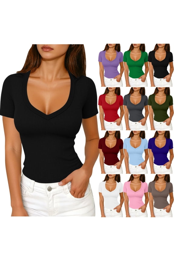 Short Sleeve Shirts For Women Ribbed Fitted Shirt Basic V Neck Slim T Shirt Tops Women Tops
