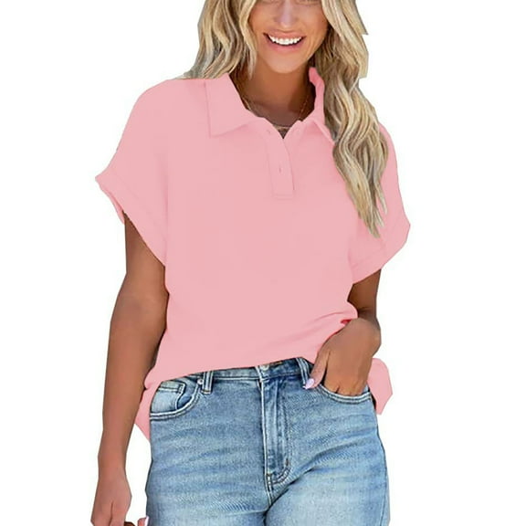 Short Sleeve Shirts For Women Sevevn Women's Short Sleeve Solid Color Lapel Casual Top Pullover T-Shirt