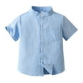 thumbnail image 1 of Short Sleeve Shirts Kids Boys Solid Color Button Down T-Shirt Mandarin Collar Cardigan Cotton Jacket Summer Daily Tops Blue 10-11 Years, 1 of 3