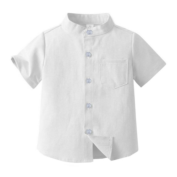 Short Sleeve Shirts Kids Boys Solid Color Button Down T-Shirt Mandarin Collar Cardigan Cotton Jacket Summer Daily Tops White 4-5 Years
