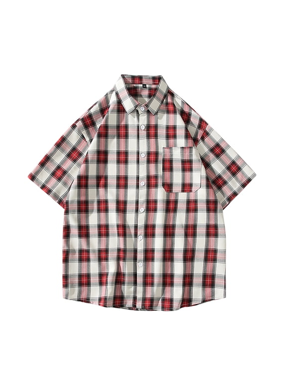 Mens Button Down Shirts Big and Tall M-5XL Short Sleeve T-Shirts with Pocket Plus Size Collared Plaid Lightweight Hawaiian Beach Tees Tops
