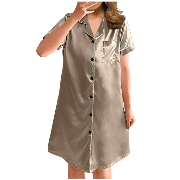 Wo-Fusoul Short Sleeve Shirt Women's New Solid Color Loose Fit Short Sleeve V-Neck Silk-Like Nightgown, Loungewear