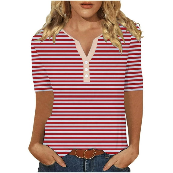 Short Sleeve Shirts For Women,Striped Shirt Women,Stripe Printing Short Sleeves Blouse V-Neck Henley T-Shirt Casual Button Up Tees,Spring Summer Crew Neck Color Block Trendy Pullover