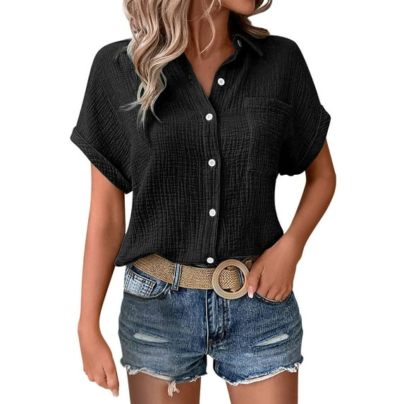 Short Sleeve Shirts for Women, Yigetop Womens Blouses Casual Tops Batwing Sleeve Pocket Patched Shirt Casual Work T Shirts Double Layer Wrinkled Fabric Button Up Shirt Women Black 5XL