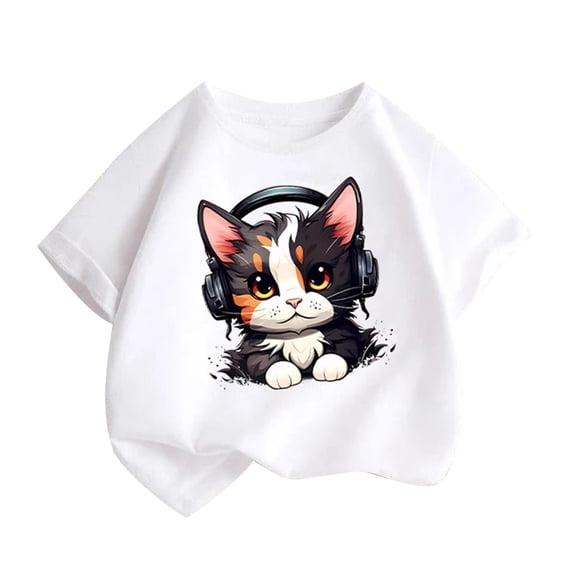Short Sleeve Shirts for Children Boy Girl Fall Summer Boat Neck Cat Print Lounge Kawaii Tops Blouses Shirts Kid 2026 Clothing Country Concert 9 Years