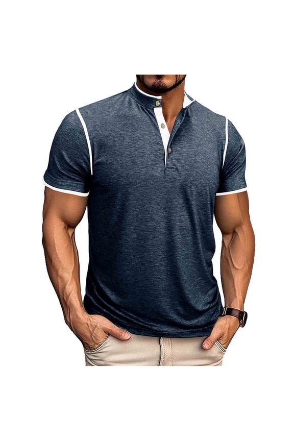 Short Sleeve Shirts for Men 3-Button Henley Tops Colorblock Casual Summer Tshirts Regular Fit (M, Navy)