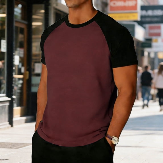 Short Sleeve Shirts for Men Cotton Mens Raglan Short Sleeve Tee Shirt - Basic Casual Slim Fitting T-Shirts Wine L