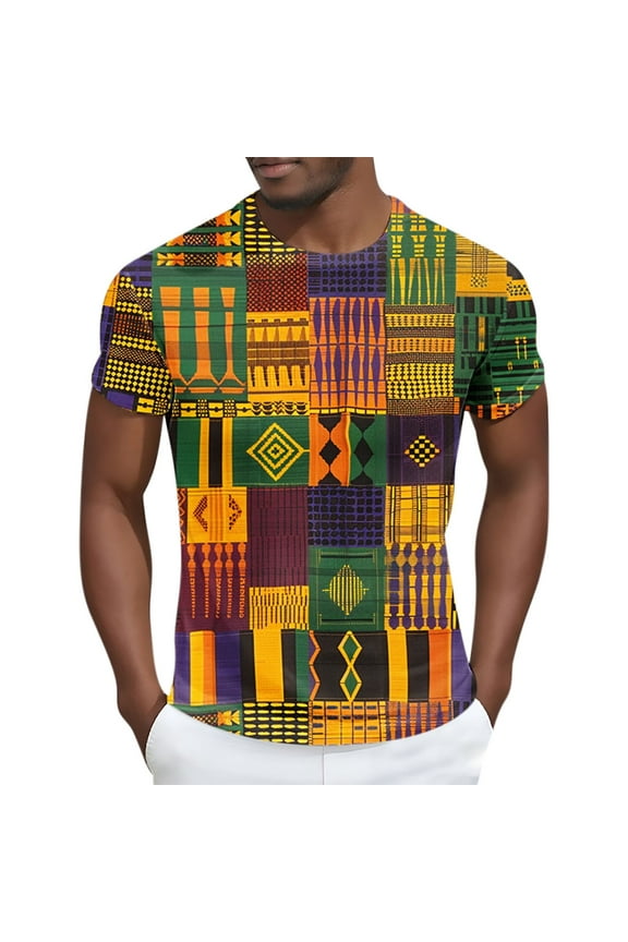 Short Sleeve Shirts for Men, Kente Cloth Pattern Short Sleeve Printed T Shirts for Men Loose Fit Tee Casual Lightweight Round Neck Tops