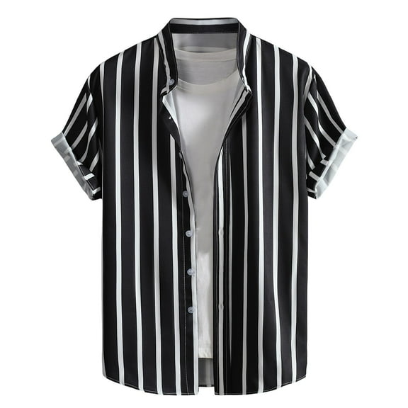 Short Sleeve Shirts for Men Lightweight Button-Down Tshirts Shirt Mens Trendy Stripe Printed Breathable Mock Neck Going-Out Beach Tees Tops