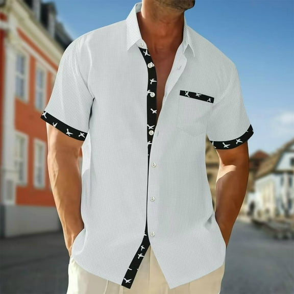 Short Sleeve Shirts for Men, Men Casual Color Blocked Turndown Collar Button Short Sleeved Shirt