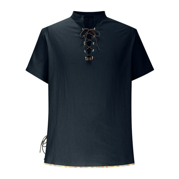 Short Sleeve Shirts for Men, Men's Pure Cotton Retro Lace Up Shirts for Renaissance Pirate Medieval Viking
