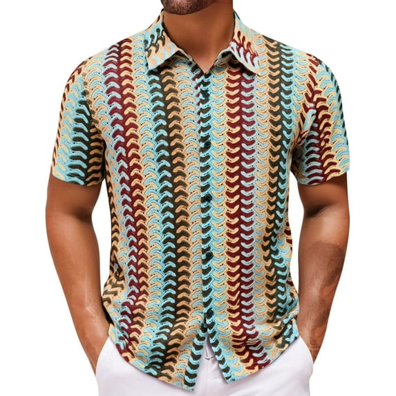 Short Sleeve Shirts for Men, Men's Striped Crochet Shirts Hollow Out Button Down Shirt Short Sleeve Summer Knit Top Vintage Beach Vacation Wear
