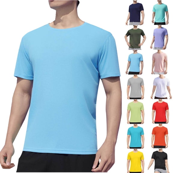 Short Sleeve Shirts for Men Mens Shirts Man Solid-Color Casual Elastic Sports Short Sleeved Round-Neck Blouses Light Blue S