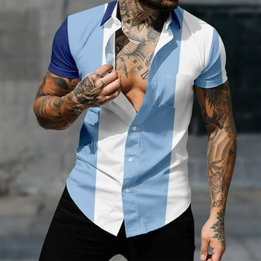 Short Sleeve Shirts for Men S-4XL Big & Tall Button-Down Collared Tshirts Shirt Plus Size Casual Color-Block Comfort Beach Tops with Pocket Clearance