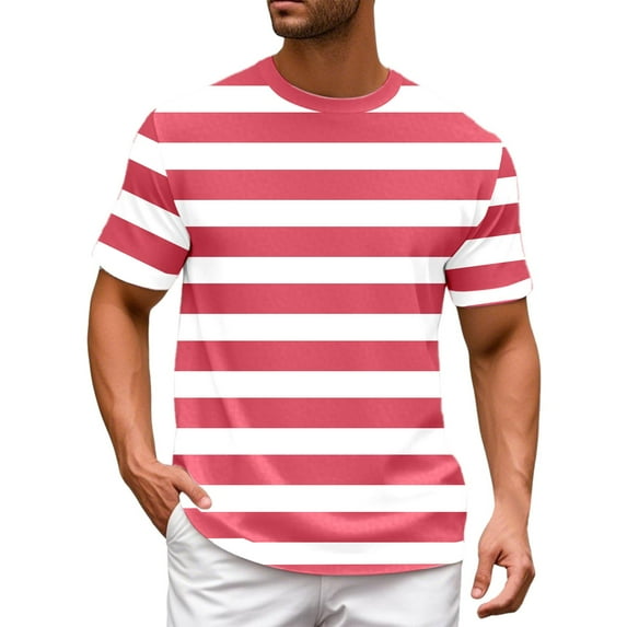 Short Sleeve Shirts for Men Striped Color Block Round Neck Pullover Tee Shirts Summer Casual Relaxed Fit Tops
