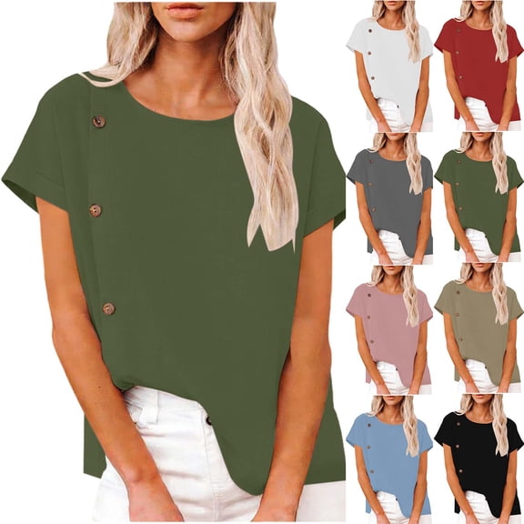 Short Sleeve Shirts for Women 2026 Summer Casual Linen Tops Loose Fit Crewneck Blouses with Side Buttons Beach Vacation Holiday TeesPink