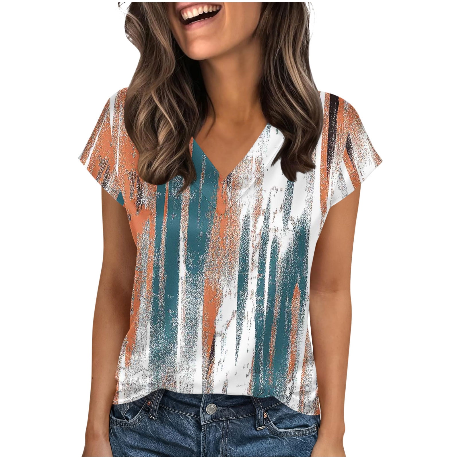 Short Sleeve Shirts for Women Casual Soft V Neck Boho Basic Tee Tops ...