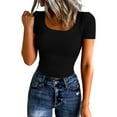 thumbnail image 1 of Short Sleeve Shirts for Women Crop Scoop Neck Slim Fitted Basic Shirt Solid Oversized Ribbed Knit Casual T-Shirt Black L, 1 of 4