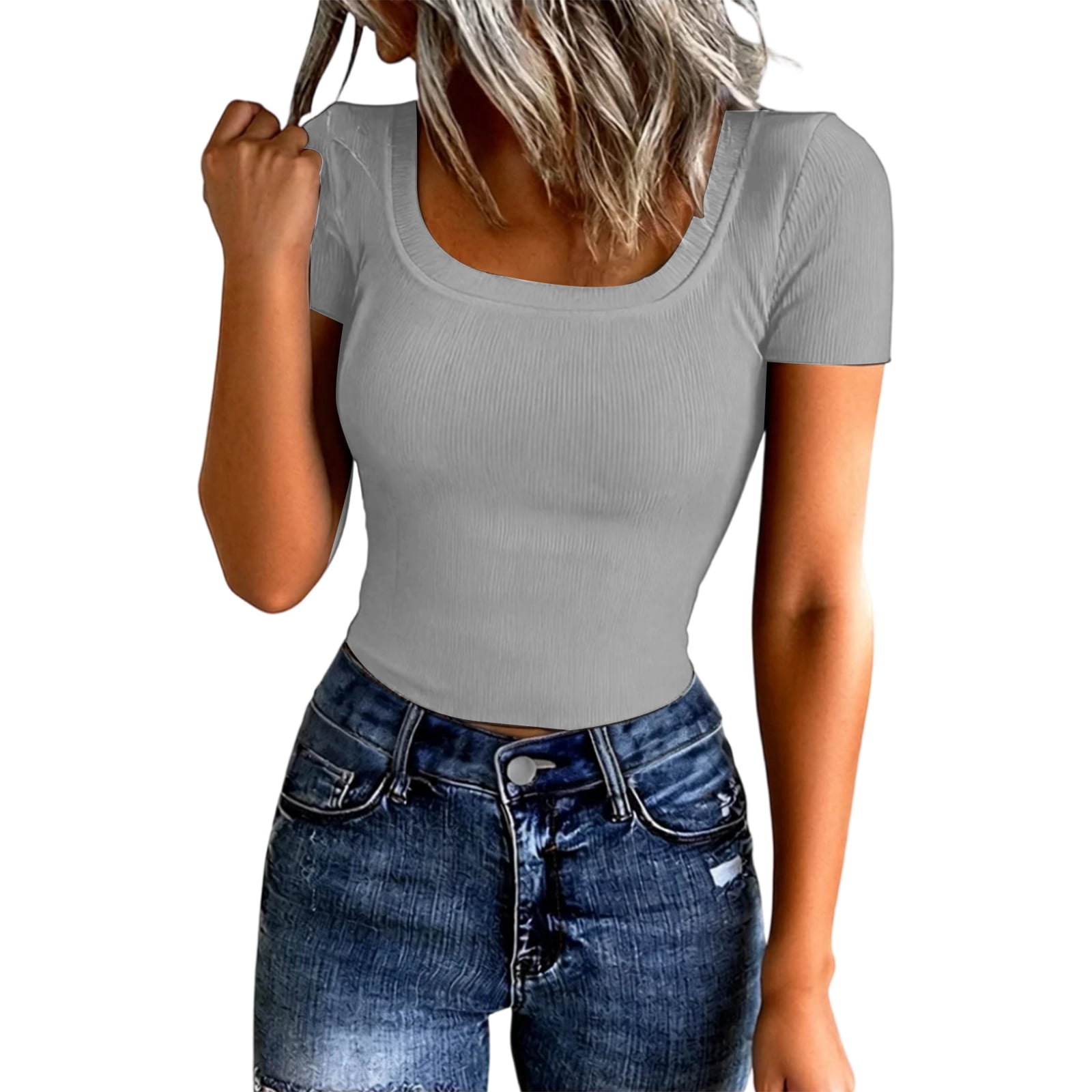 Short Sleeve Shirts for Women Crop Scoop Neck Slim Fitted Basic