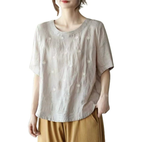 Short Sleeve Shirts for Women Dressy Basics Solid Color Linen Tees Casual Loose Blouses
