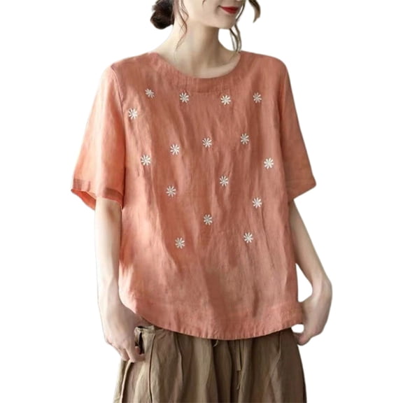 Short Sleeve Shirts for Women Dressy Basics Solid Color Linen Tees Casual Loose Blouses