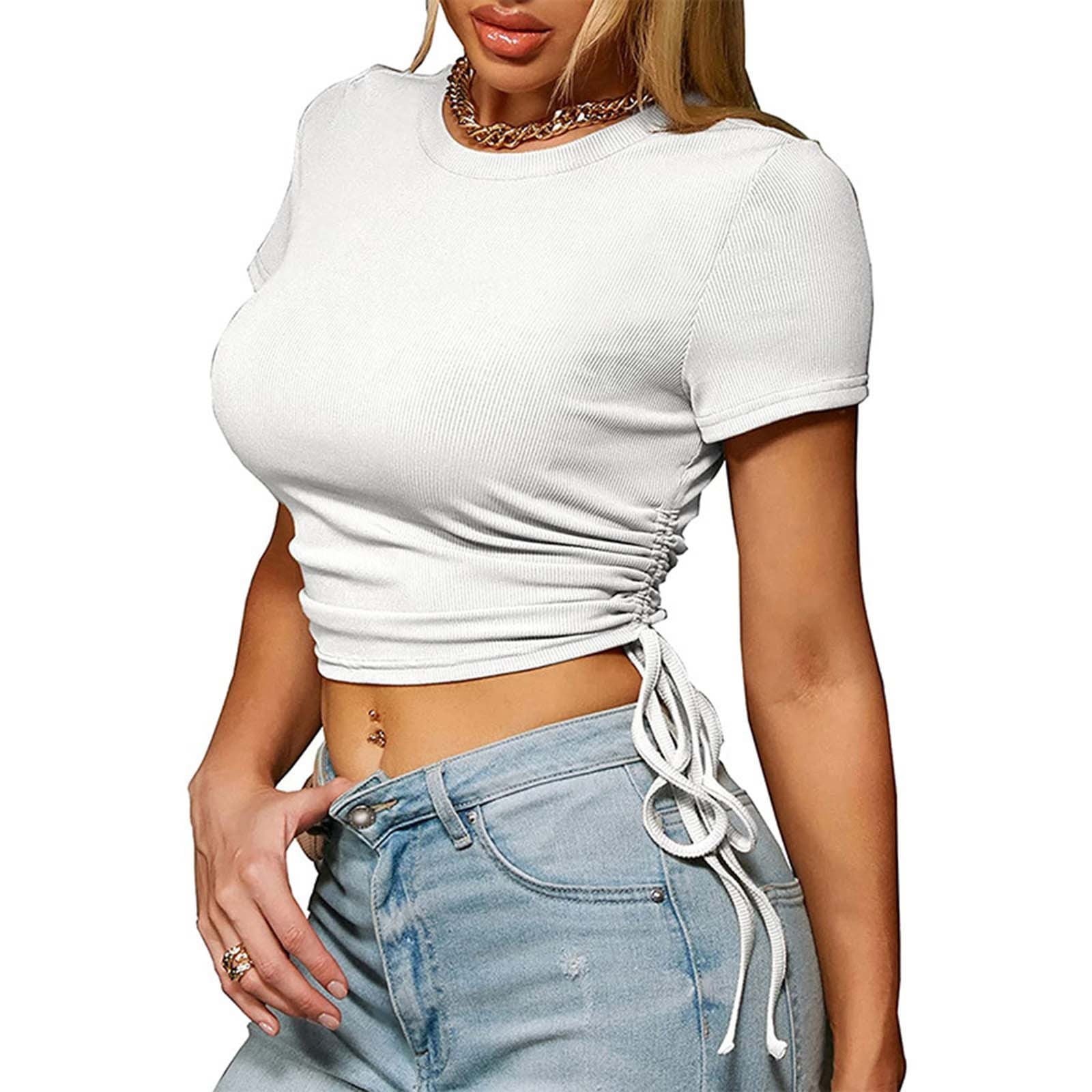 Short Sleeve Shirts for Women Dressy Casual Plain Color Crewneck Cropped Tops Slim Fit Blouses with Drawstring