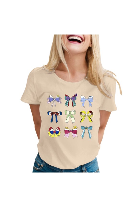 Short Sleeve Shirts for Women Fashion Bow Print Round Neck Tops Casual Short Sleeve Vacation Tees