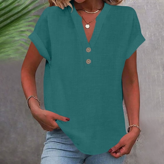 Short Sleeve Shirts for Women Fashion Solid T-shirt Short Sleeves Blouse V-Neck Casual Tops