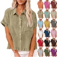 thumbnail image 1 of Short Sleeve Shirts for Women Fashion Spring Clothing Fabric Solid Color Front Pocket Hem Fringe Short Sleeve Flared Collar Top, 1 of 9