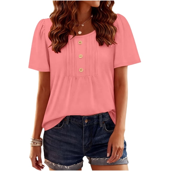 Short Sleeve Shirts for Women Fashion Spring and Summer Solid Color Base T Shirt Pleated Button Round Neck Tshirts Casual Loose Basic Tee Shirt
