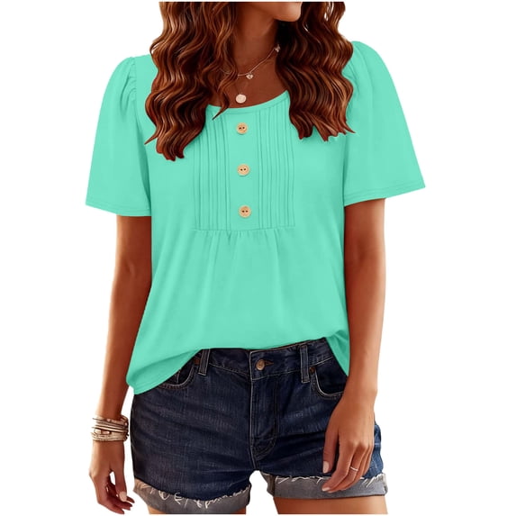 Short Sleeve Shirts for Women Fashion Spring and Summer Solid Color Base T Shirt Pleated Button Round Neck Tshirts Casual Loose Basic Tee Shirt