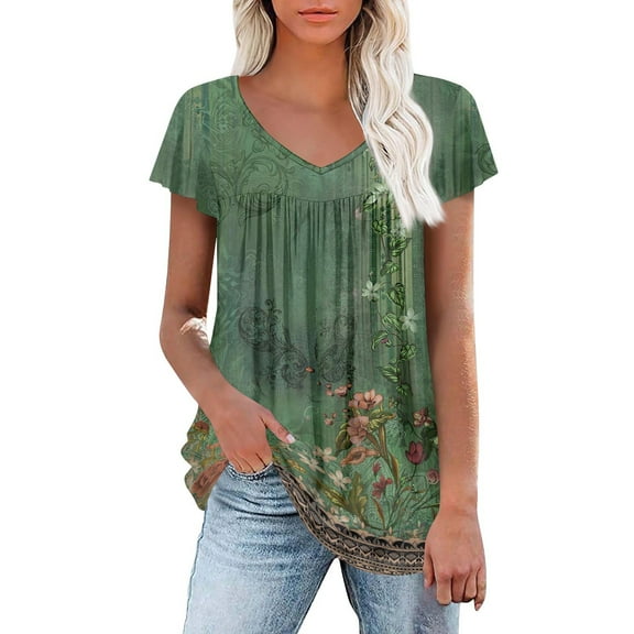 Short Sleeve Shirts for Women Floral Printed V Neck Blouses Elegant Pleated Summer Shirts Tops Loose Blouses Fit Casual Bohemian Top