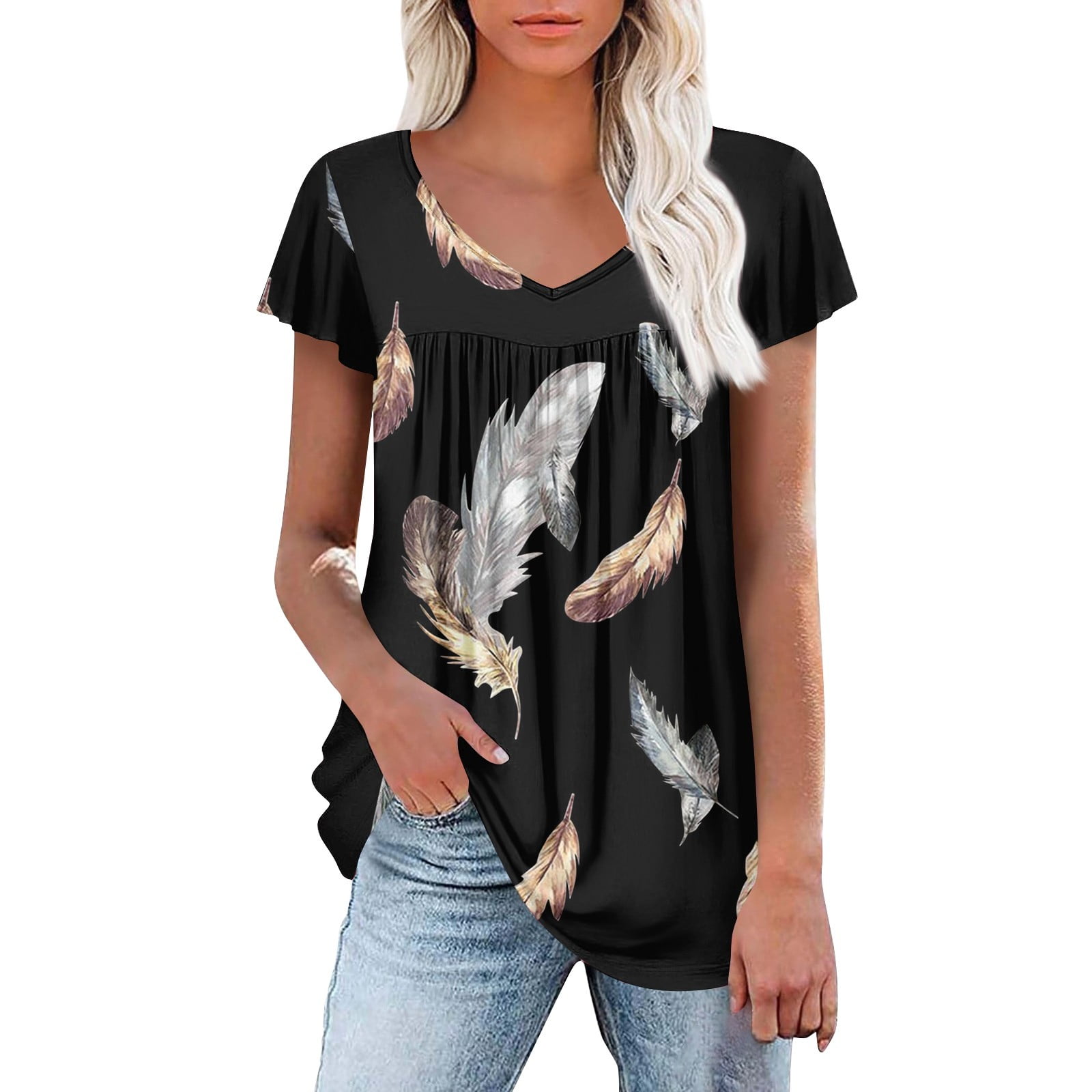 Short Sleeve Shirts for Women Floral Printed V Neck Blouses Loose ...