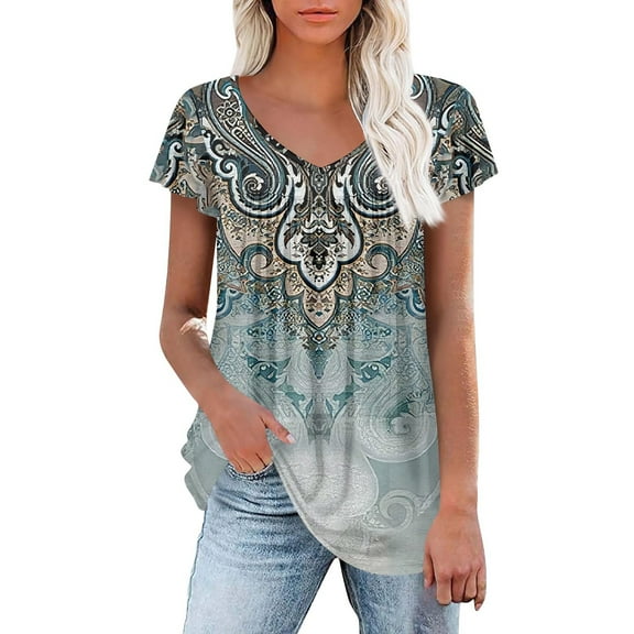 Short Sleeve Shirts for Women Floral Printed V Neck Tunic Tops Loose Pleated Summer Shirts Tops Loose Blouses Fit Casual Bohemian Top