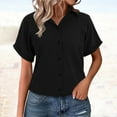 thumbnail image 1 of Short Sleeve Shirts for Women, Muslin Cotton Short Sleeve V Neck Linen Blouse Top, Black XXL, 1 of 9