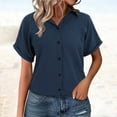 thumbnail image 1 of Short Sleeve Shirts for Women, Muslin Cotton Short Sleeve V Neck Linen Blouse Top, Blue S, 1 of 9