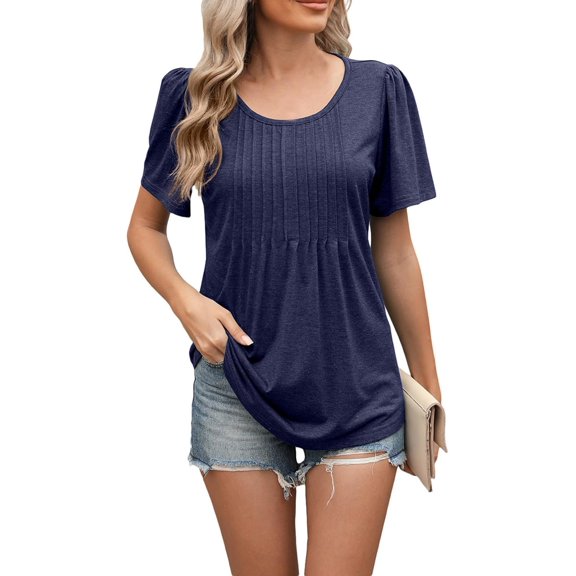 Short Sleeve Shirts for Women Scoop Neck Pleated Puff Cute Summer Tops Casual Lightweight Tunic Tops Womens Blouses