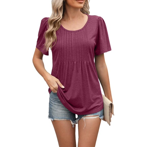 Short Sleeve Shirts for Women Scoop Neck Pleated Puff Cute Summer Tops Casual Lightweight Tunic Tops Womens Blouses
