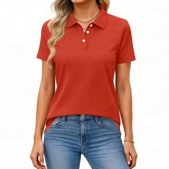 Short Sleeve Shirts for Women Slim Fit Button Down V-Neck Polo Shirt Dressy Casual Solid Color Workout Tunic Tops Vermilion S